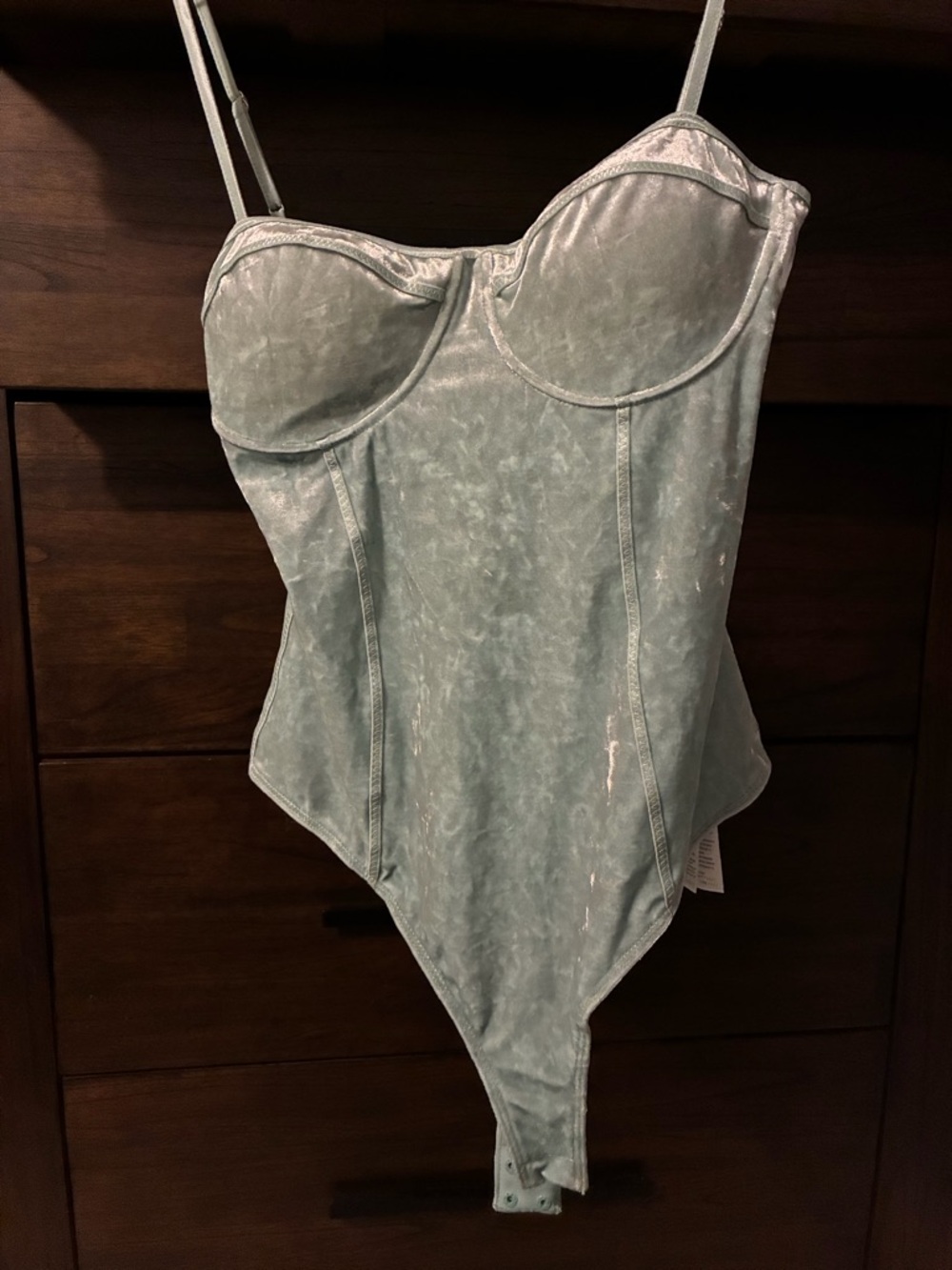 Guess Crushed Velvet Bodysuit Padded Cups Gorgeous Blue “Aloe Palm” Small NWT